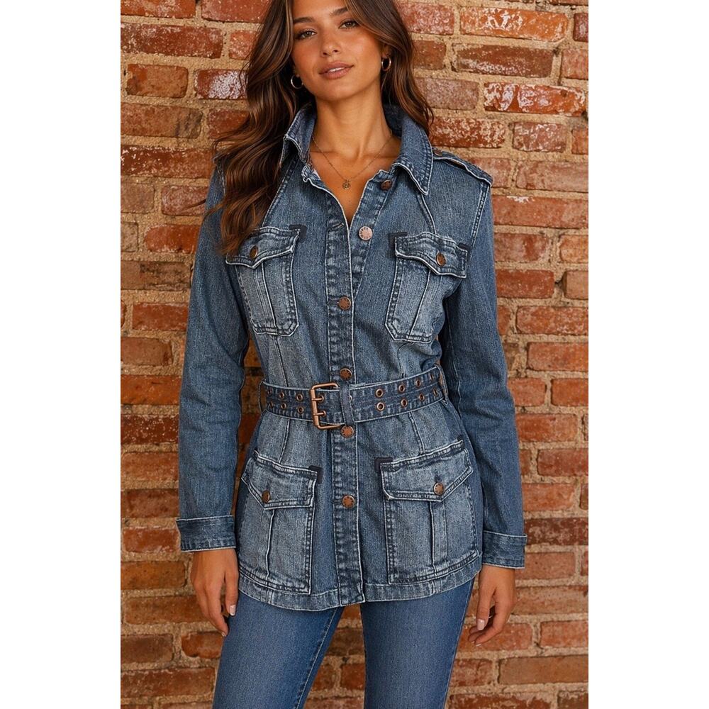 Vigoss Jeans Y2K Denim Jacket Sz L Metal Eye Belt Military Bikercore Dark Blue